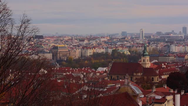 山顶宽镜头的布拉格历史老城建筑和城市景观框架的树木视频素材