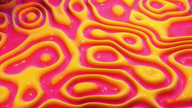 循环节日液体BG 4k。抽象波浪图案在明亮光滑的表面上，红黄色的颜色，波浪在平滑的动画油漆流体上。粘性3d液体上的闪光。创意backdro视频下载