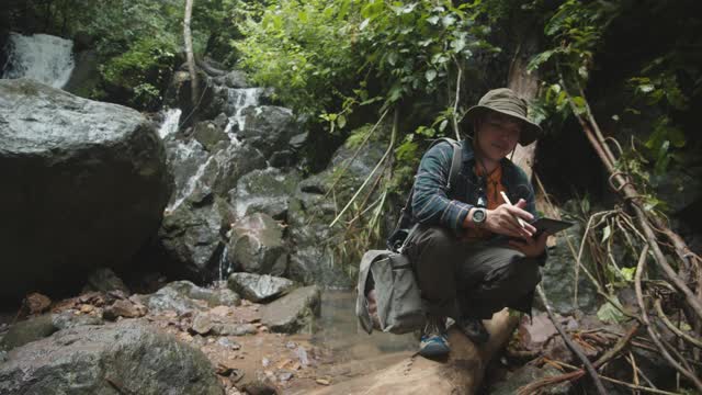 一个游客愉快地在雨林中行走。视频素材