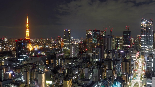 时光流逝，密集的东京日本天际线在夜晚拍摄视频素材