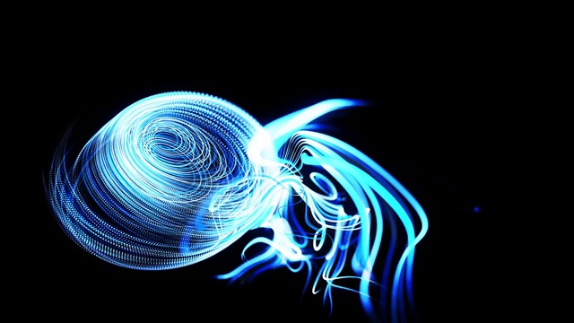 快速的光条纹。粒子流形成卷曲的蓝色线，像辉光轨迹，线形成漩涡模式，像卷曲噪音。抽象3d动画作为明亮的创意节日bg视频下载