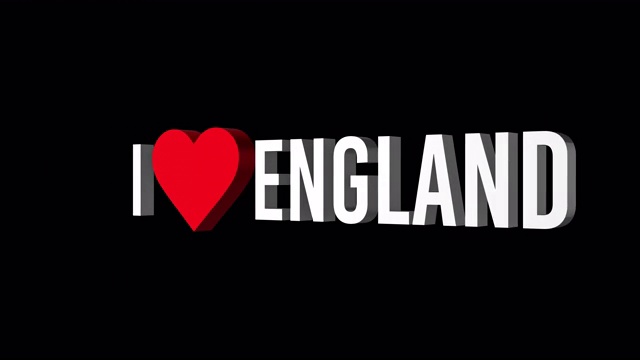 我爱英格兰。文本和心脏3d。阿尔法通道视频下载