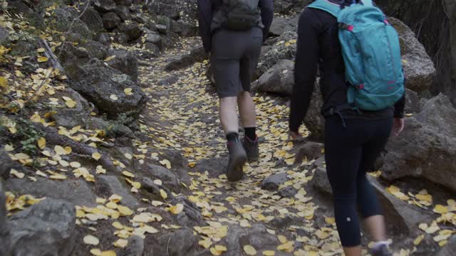 手持式的男性和女性一起在户外徒步旅行在科罗拉多附近的大梅萨国家森林在美丽的9月秋天的颜色视频下载