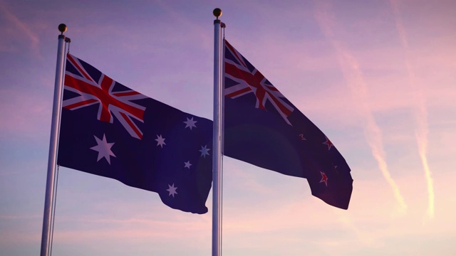 澳大利亚和新西兰的国旗显示了合作和友谊。视频下载