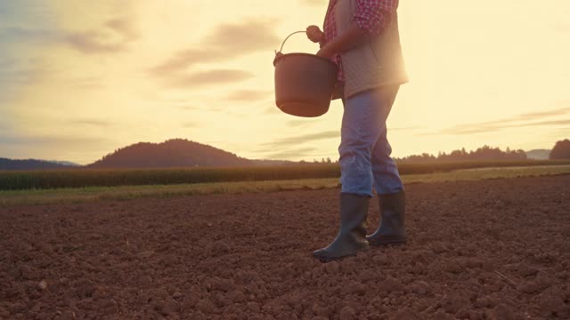 早晨穿着靴子在地里播种的女人视频下载
