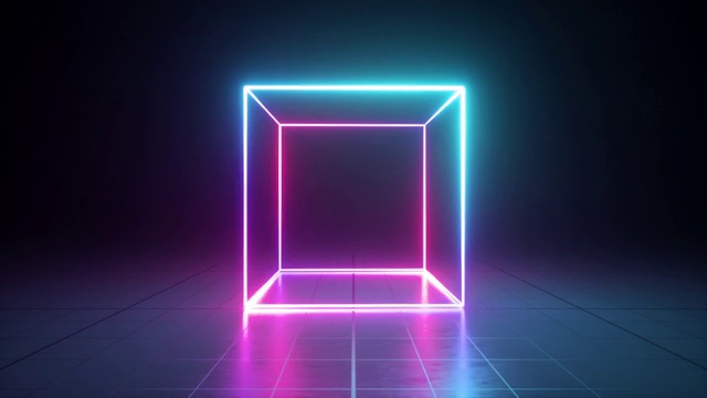 3d霓虹立方体从粉红色变成蓝色，旋转，旋转在黑暗的房间。循环动画视频下载