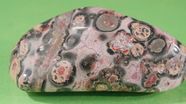 碧玉豹特写在绿色的背景。装饰石和观赏石矿物菱辉石。视频素材