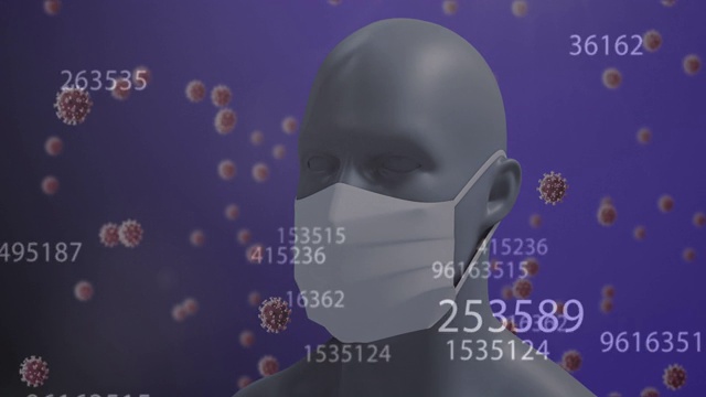 佩戴蓝背口罩的人脸模型数量增加，Covid-19细胞移动视频素材