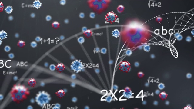蓝色背景下Covid-19细胞的DNA结构和数学方程视频素材