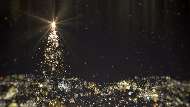 金色闪闪发光的圣诞树灯与复制空间的文本运动图形背景循环视频素材