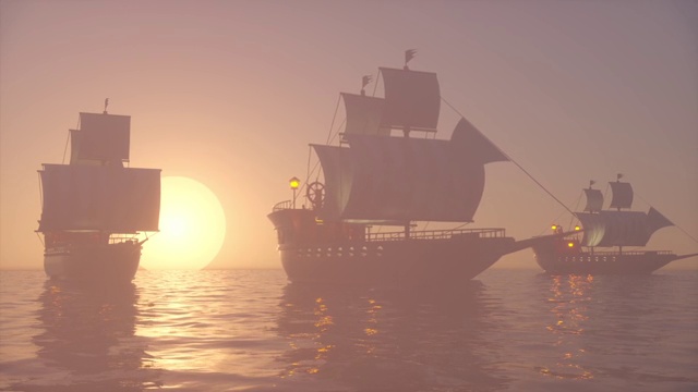 旧的木制军舰舰队的3D动画在一个雾蒙蒙的海洋在日落视频素材