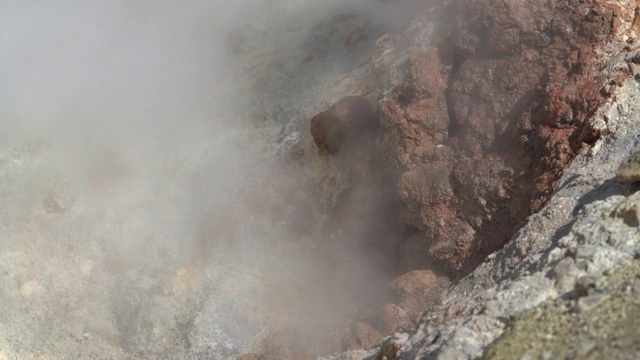堪察加半岛的火山景观:侵略性的天然温泉源，蒸汽，烟雾蒸汽和气体被火山喷气孔包围视频下载