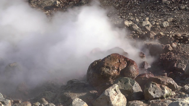 活火山上的地热田:天然温泉，喷出蒸汽和气体，被喷气口包围。前往观察火山活动的旅游目的地视频素材