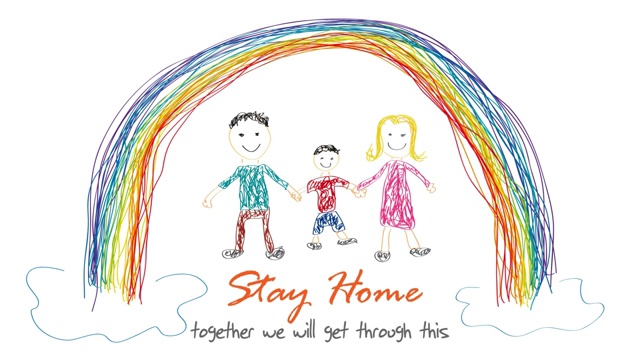 待在家里，让冠状病毒拯救你。儿童动画画。彩虹和云彩里的家庭视频下载