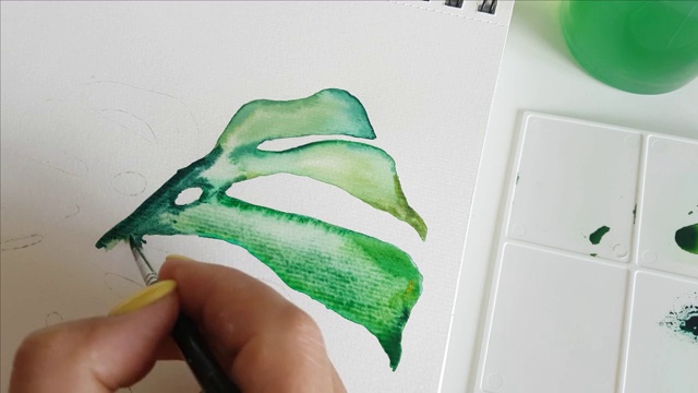 女人用水彩画的怪物叶子近距离视频素材