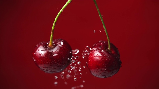 茎上的甜樱桃以慢动作溅起水滴视频素材