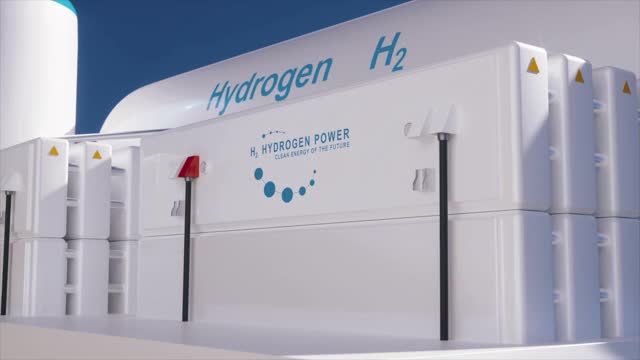 氢可再生能源生产-用于清洁电力、太阳能和风力涡轮机设施的氢气视频素材