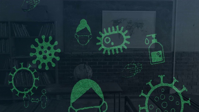 空教室里的冠状病毒概念图标视频素材