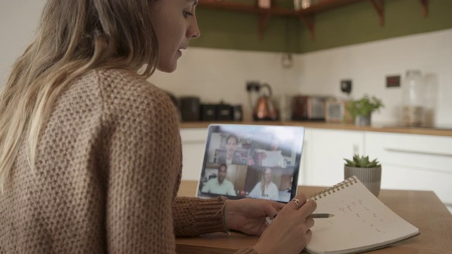 在厨房里用笔记本电脑与同事视频通话的女性视频素材