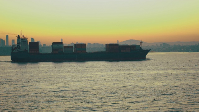 无人机拍摄的大型集装箱船穿过伊斯坦布尔博斯普鲁斯海峡视频素材
