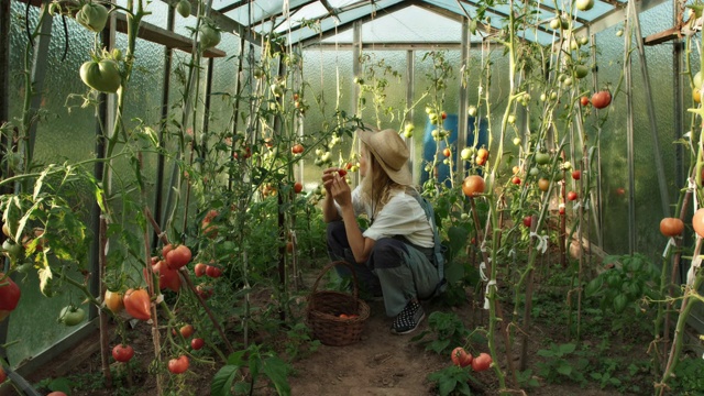 温室里的女人。采摘和闻成熟的西红柿视频素材