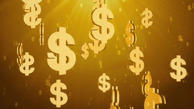 在慢动作3D循环背景动画中，闪亮的黄金世界美元货币符号坠落视频下载