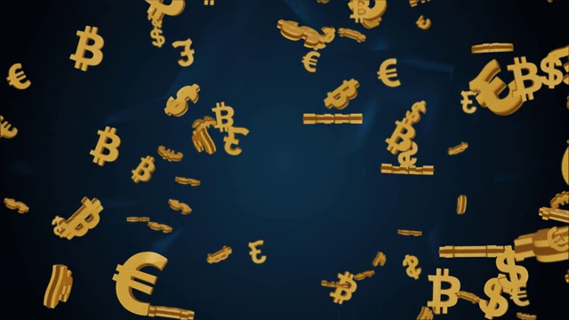 闪亮的黄金货币符号下落在慢动作3D动画- 4K循环运动背景视频下载