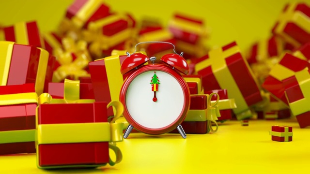 关于圣诞主题的概念闹钟。倒计时礼物和绿树。视频购买
