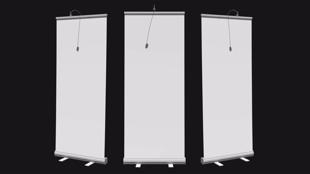 Blank Roll Up Banner Stands。贸易展展位空白。3d运动图形上的黑色色度键背景。视频下载