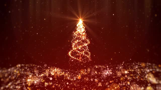 红色闪闪发光的圣诞背景环与圣诞树闪亮的灯，雪花，星星和粒子移动下来。4K视频运动图形背景视频素材