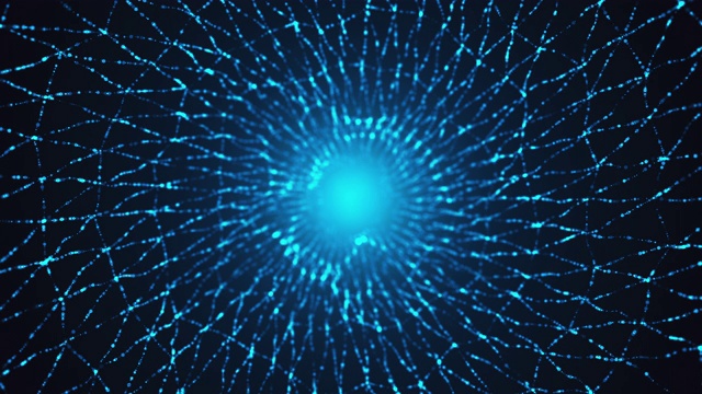 计算机生成蓝色细形状的粒子与自由度。抽象发光背景的3d渲染视频素材
