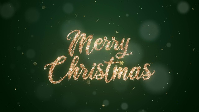 手写的圣诞快乐文字与金色闪烁在绿色的背景。视频下载