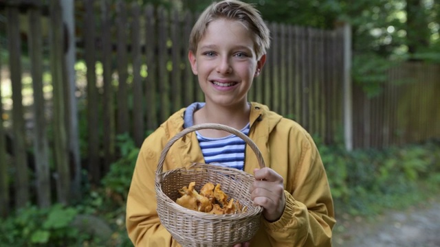 一个小男孩拿着一篮新鲜采摘的鸡油菌视频下载