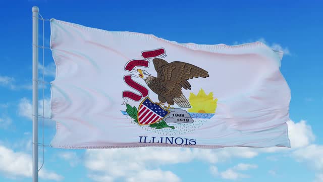伊利诺斯州的旗杆在风中飘扬，背景是蓝天。4 k视频下载