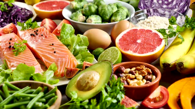 健康的食物选择，水果，蔬菜，坚果，鱼和谷物视频下载