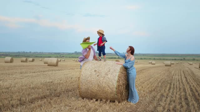 慈爱的父母，幸福的家庭，男孩站在草堆上发射纸飞机，在蓝天下的麦田里愉快地拍手视频下载