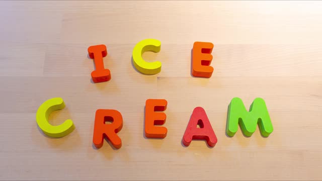 冰淇淋文字定格动画，跳跃文字为庆祝概念视频素材