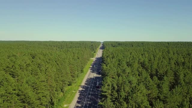 空中:慢镜头:在茂密的森林中飞过高速公路。马路上过往的汽车和卡车。视频下载