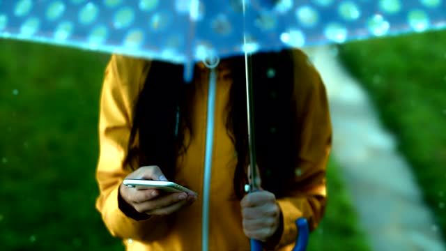 一名年轻女子在雨中使用智能手机视频素材
