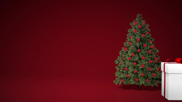 圣诞快乐，2021年新年快乐动画。圣诞老人推礼物。圣诞老人带着圣诞礼物靠近圣诞树。视频素材