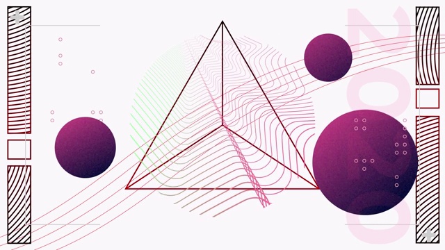 三个紫色球体在线上移动的数字动画和抽象的几何形状视频下载