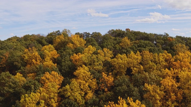 五彩缤纷的秋天在宾夕法尼亚州农村。飞向一座被树林覆盖的山。航拍视频与向前和上升的摄像机运动。视频素材