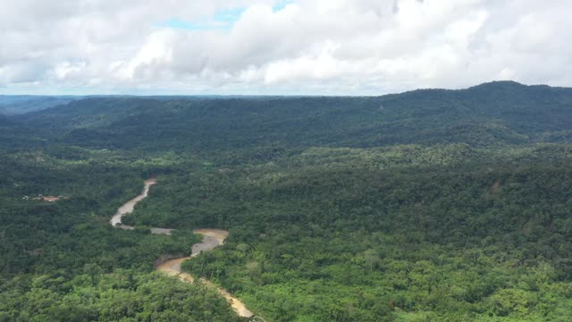 无人机拍摄，视频显示一个大的热带河被热带雨林和一个小的土著村庄在河的一边视频下载