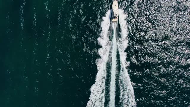 令人惊叹的空中4k电影高角度无人机镜头跟随一艘强大的豪华高速游艇在澳大利亚新南威尔士州悉尼曼利海滩附近的深蓝色海水中疾驰。视频素材