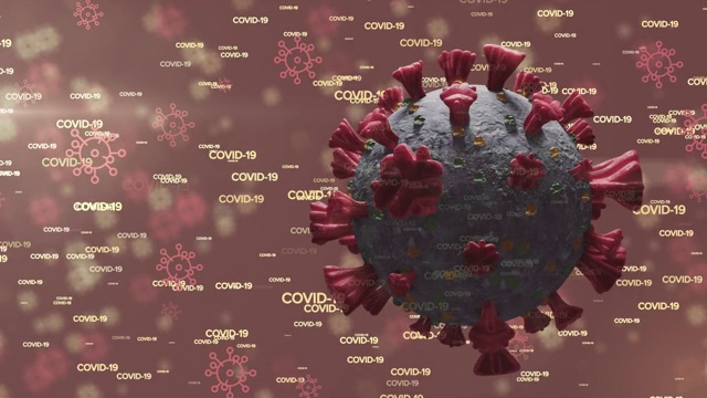 3D冠状病毒Covid - 19细胞旋转，红色背景上有多个Covid - 19图标和移动的文本视频素材