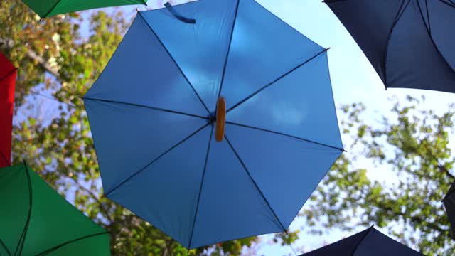 公园里挂在树上的五颜六色雨伞的景观视频下载