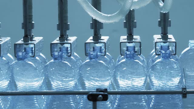 灌装塑料瓶的清洁水的自动带线在工厂企业。视频素材