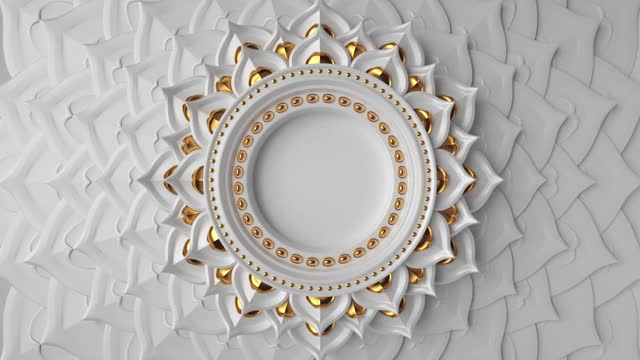 3d抽象白金装饰亚洲背景，动画空白圆形框架与复制空间，旋转排荷花花瓣，循环动画曼荼罗设计视频下载