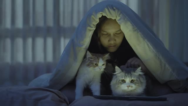 有两只猫的年轻女性在床上用药片视频素材