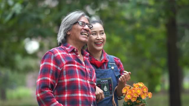 亚洲老夫妇在花园一起放松，手牵手散步视频素材